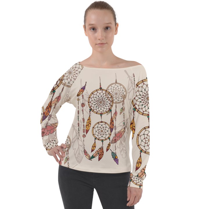 Coloured Dreamcatcher Background Off Shoulder Long Sleeve Velour Top