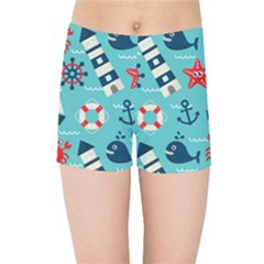 Seamless Pattern Nautical Icons Cartoon Style Kids  Sports Shorts by Wegoenart