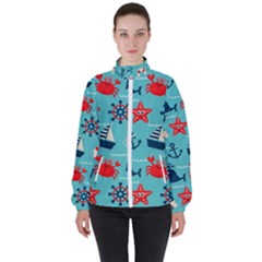 Seamless Pattern Nautical Icons Cartoon Style Women s High Neck Windbreaker by Wegoenart