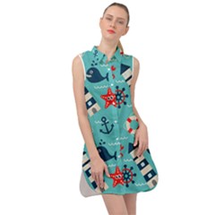 Seamless Pattern Nautical Icons Cartoon Style Sleeveless Shirt Dress by Wegoenart