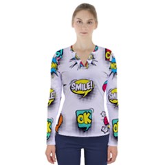 Set Colorful Comic Speech Bubbles V-neck Long Sleeve Top by Wegoenart