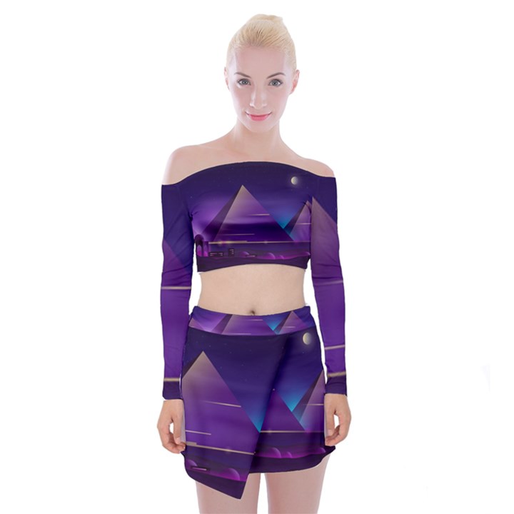 Egyptian Pyramids Night Landscape Cartoon Off Shoulder Top with Mini Skirt Set