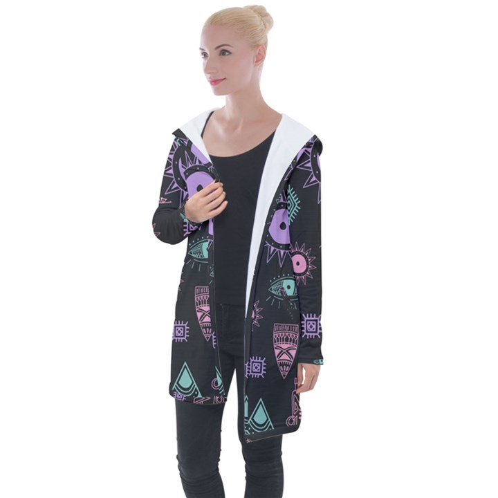 Vintage Seamless Pattern With Tribal Art African Style Drawing Longline Hooded Cardigan