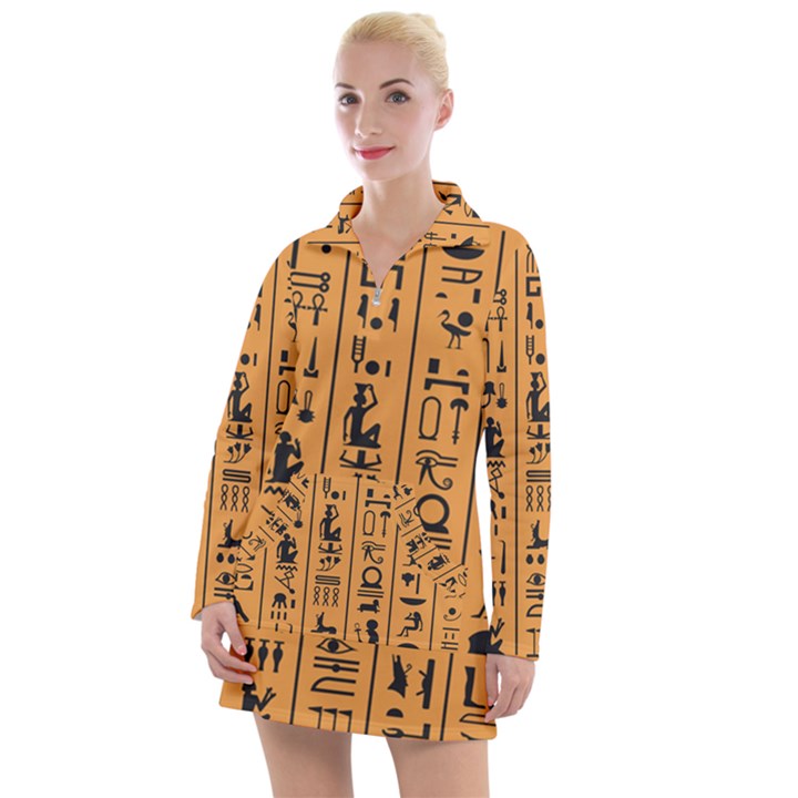 Egyptian Hieroglyphs Ancient Egypt Letters Papyrus Background Vector Old Egyptian Hieroglyph Writing Women s Long Sleeve Casual Dress