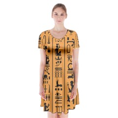 Egyptian Hieroglyphs Ancient Egypt Letters Papyrus Background Vector Old Egyptian Hieroglyph Writing Short Sleeve V-neck Flare Dress by Wegoenart