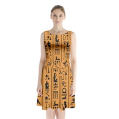 Egyptian Hieroglyphs Ancient Egypt Letters Papyrus Background Vector Old Egyptian Hieroglyph Writing Sleeveless Waist Tie Chiffon Dress by Wegoenart