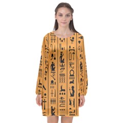 Egyptian Hieroglyphs Ancient Egypt Letters Papyrus Background Vector Old Egyptian Hieroglyph Writing Long Sleeve Chiffon Shift Dress  by Wegoenart