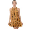 Egyptian Hieroglyphs Ancient Egypt Letters Papyrus Background Vector Old Egyptian Hieroglyph Writing Halter Tie Back Chiffon Dress View1