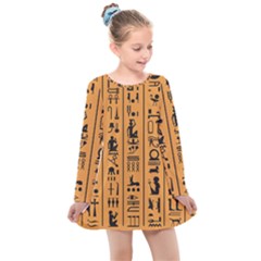 Egyptian Hieroglyphs Ancient Egypt Letters Papyrus Background Vector Old Egyptian Hieroglyph Writing Kids  Long Sleeve Dress by Wegoenart