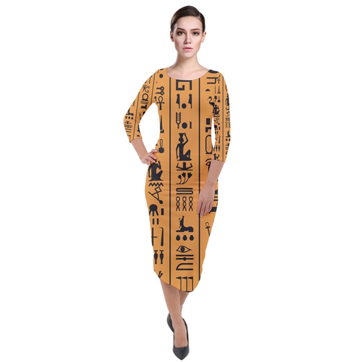 Egyptian Hieroglyphs Ancient Egypt Letters Papyrus Background Vector Old Egyptian Hieroglyph Writing Quarter Sleeve Midi Velour Bodycon Dress