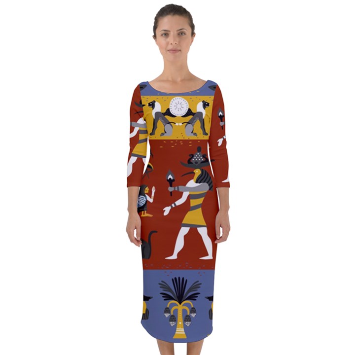 Ancient Egyptian Religion Seamless Pattern Quarter Sleeve Midi Bodycon Dress