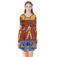 Ancient Egyptian Religion Seamless Pattern Long Sleeve V-neck Flare Dress by Wegoenart