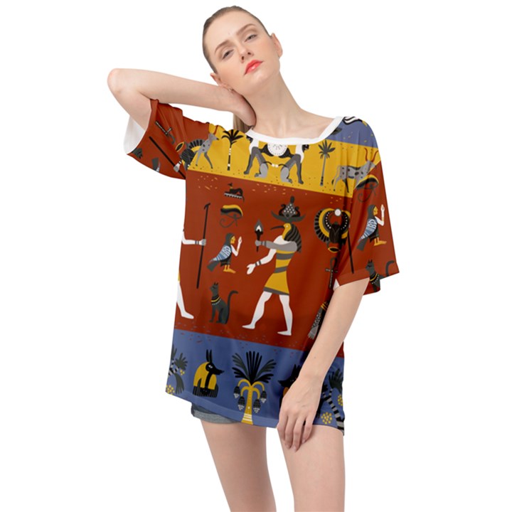 Ancient Egyptian Religion Seamless Pattern Oversized Chiffon Top