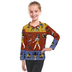 Ancient Egyptian Religion Seamless Pattern Kids  Long Mesh Tee