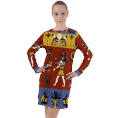 Ancient Egyptian Religion Seamless Pattern Long Sleeve Hoodie Dress by Wegoenart