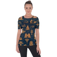 Dark Seamless Pattern Symbols Landmarks Signs Egypt Shoulder Cut Out Short Sleeve Top by Wegoenart