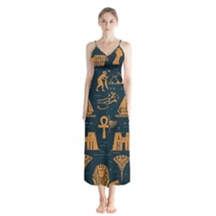 Dark Seamless Pattern Symbols Landmarks Signs Egypt Button Up Chiffon Maxi Dress by Wegoenart