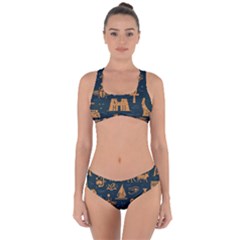 Dark Seamless Pattern Symbols Landmarks Signs Egypt Criss Cross Bikini Set by Wegoenart