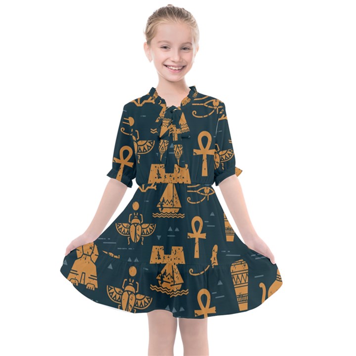 Dark Seamless Pattern Symbols Landmarks Signs Egypt Kids  All Frills Chiffon Dress