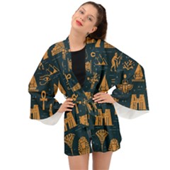 Dark Seamless Pattern Symbols Landmarks Signs Egypt Long Sleeve Kimono by Wegoenart