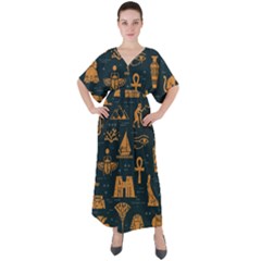 Dark Seamless Pattern Symbols Landmarks Signs Egypt V-neck Boho Style Maxi Dress by Wegoenart