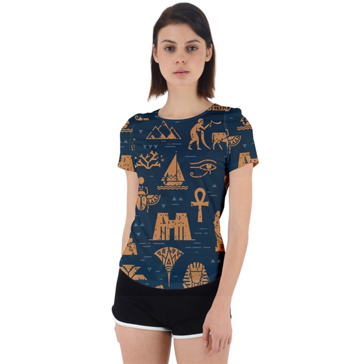 Dark Seamless Pattern Symbols Landmarks Signs Egypt Back Cut Out Sport Tee