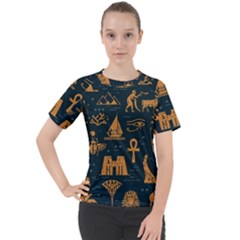 Dark Seamless Pattern Symbols Landmarks Signs Egypt Women s Sport Raglan Tee