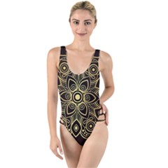 Luxury Golden Mandala Background High Leg Strappy Swimsuit by Wegoenart