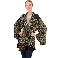 Luxury Golden Mandala Background Long Sleeve Velvet Kimono  by Wegoenart