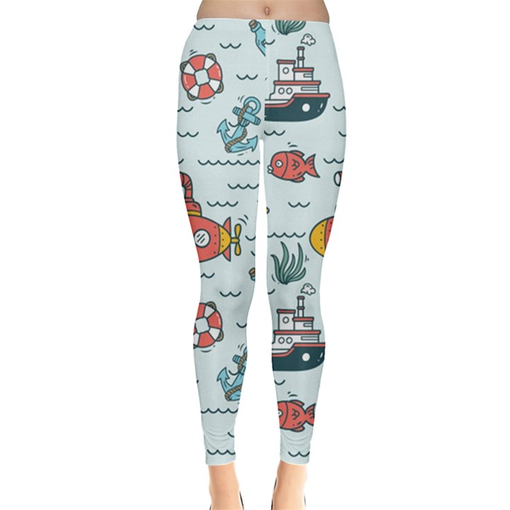 Cartoon Nautical Seamless Background Leggings 