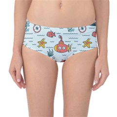 Cartoon Nautical Seamless Background Mid-waist Bikini Bottoms by Wegoenart