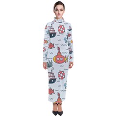 Cartoon Nautical Seamless Background Turtleneck Maxi Dress by Wegoenart