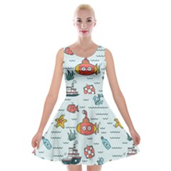 Cartoon Nautical Seamless Background Velvet Skater Dress by Wegoenart