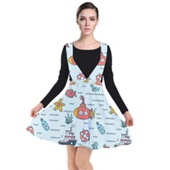 Cartoon Nautical Seamless Background Plunge Pinafore Dress by Wegoenart