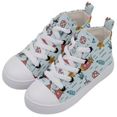 Cartoon Nautical Seamless Background Kids  Mid-top Canvas Sneakers by Wegoenart