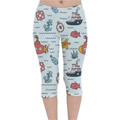 Cartoon Nautical Seamless Background Velvet Capri Leggings  by Wegoenart