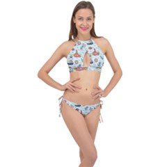 Cartoon Nautical Seamless Background Cross Front Halter Bikini Set by Wegoenart