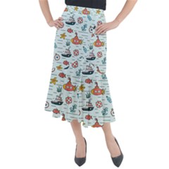 Cartoon Nautical Seamless Background Midi Mermaid Skirt by Wegoenart