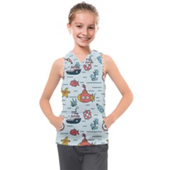 Cartoon Nautical Seamless Background Kids  Sleeveless Hoodie