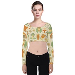 Egypt Seamless Pattern Velvet Long Sleeve Crop Top by Wegoenart