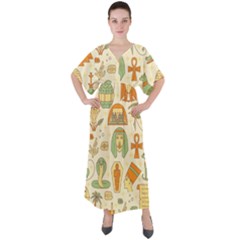 Egypt Seamless Pattern V-neck Boho Style Maxi Dress by Wegoenart