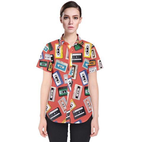 Vintage Retro Cassette Tape Pattern Design Template Women s Short Sleeve Shirt by Wegoenart