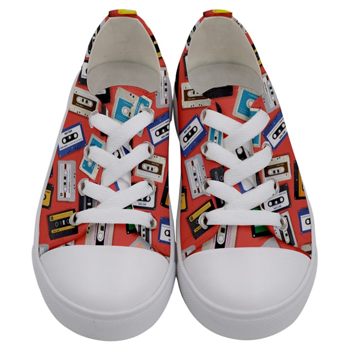 Vintage Retro Cassette Tape Pattern Design Template Kids  Low Top Canvas Sneakers