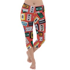 Vintage Retro Cassette Tape Pattern Design Template Lightweight Velour Capri Yoga Leggings by Wegoenart