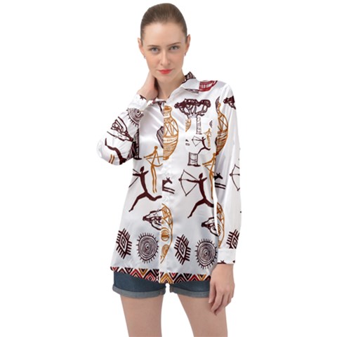 Africa Doodle Set Long Sleeve Satin Shirt by Wegoenart