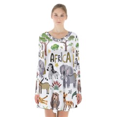 Cartoon African Animals Long Sleeve Velvet V-neck Dress by Wegoenart