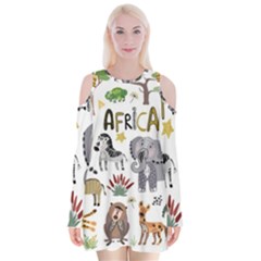 Cartoon African Animals Velvet Long Sleeve Shoulder Cutout Dress by Wegoenart