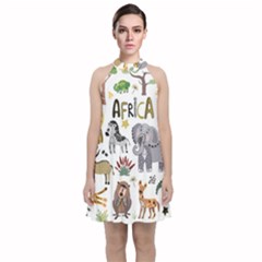 Cartoon African Animals Velvet Halter Neckline Dress 