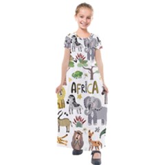 Cartoon African Animals Kids  Short Sleeve Maxi Dress by Wegoenart