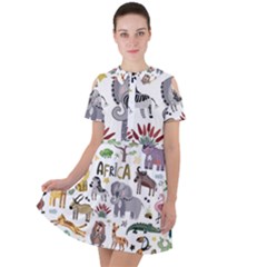 Cartoon African Animals Short Sleeve Shoulder Cut Out Dress  by Wegoenart